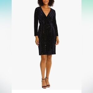 NWT Holiday Foil Glitter shimmer Maggy London V-neck Midi Dress Navy Size 6